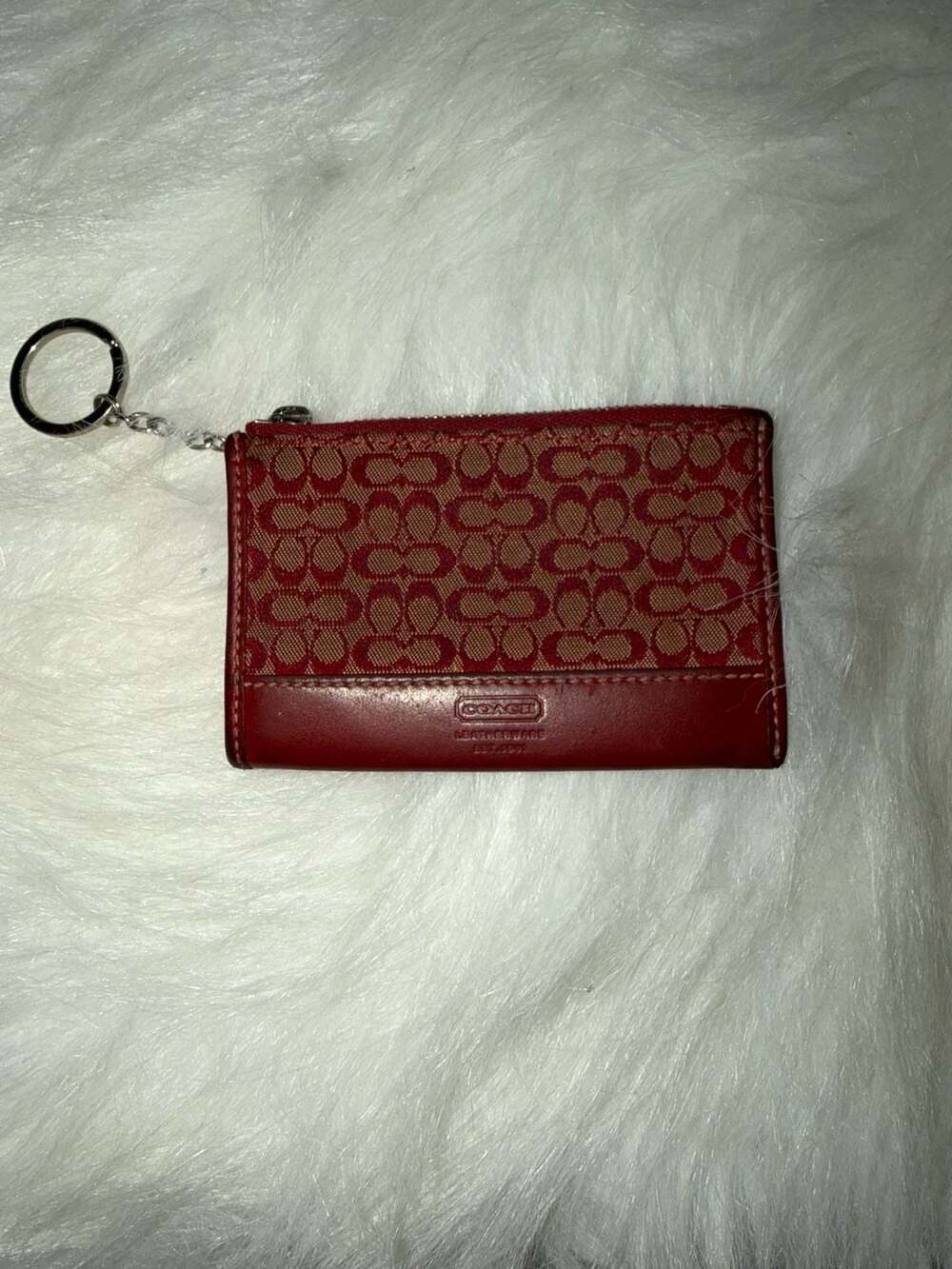 Vintage Red Coach Signature C Canvas and Leather Coin Purse with Keychain